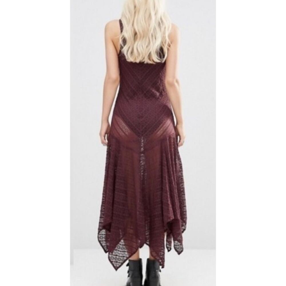 Free People Lila Maxi Dress XS Burgundy Boho Knit Sheer Festival Asymmetric Hem - Picture 7 of 15